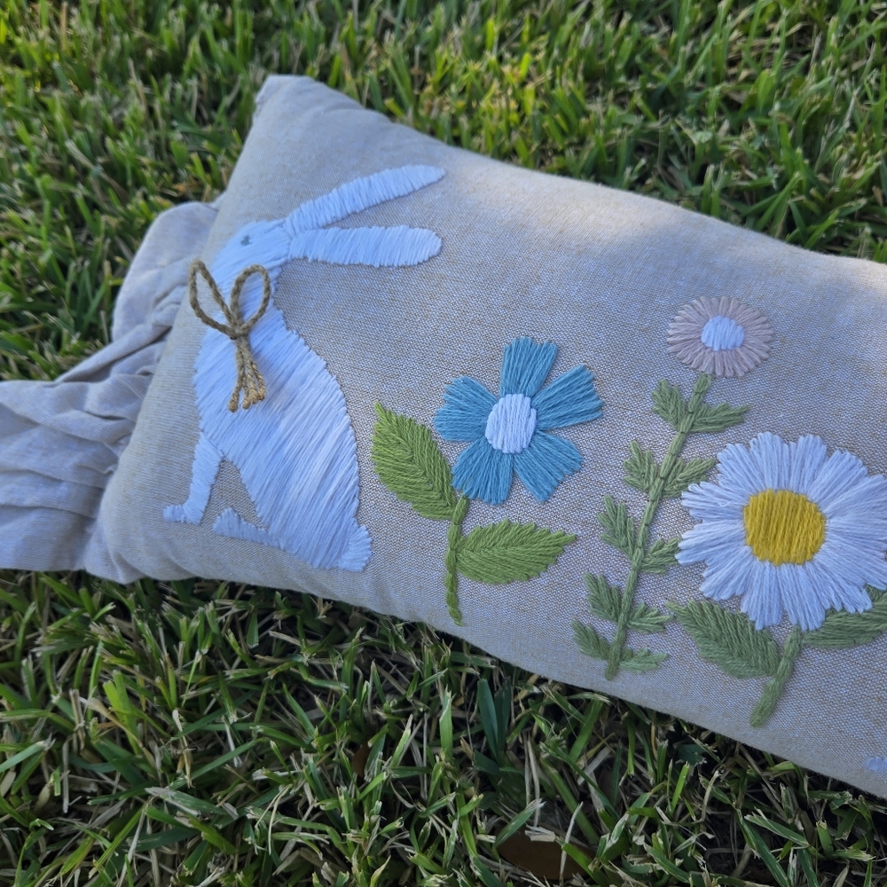 Embroidered Easter Bunny Pillow long lumbar style pillow Spring Accent Pillow - Picture 3 of 10